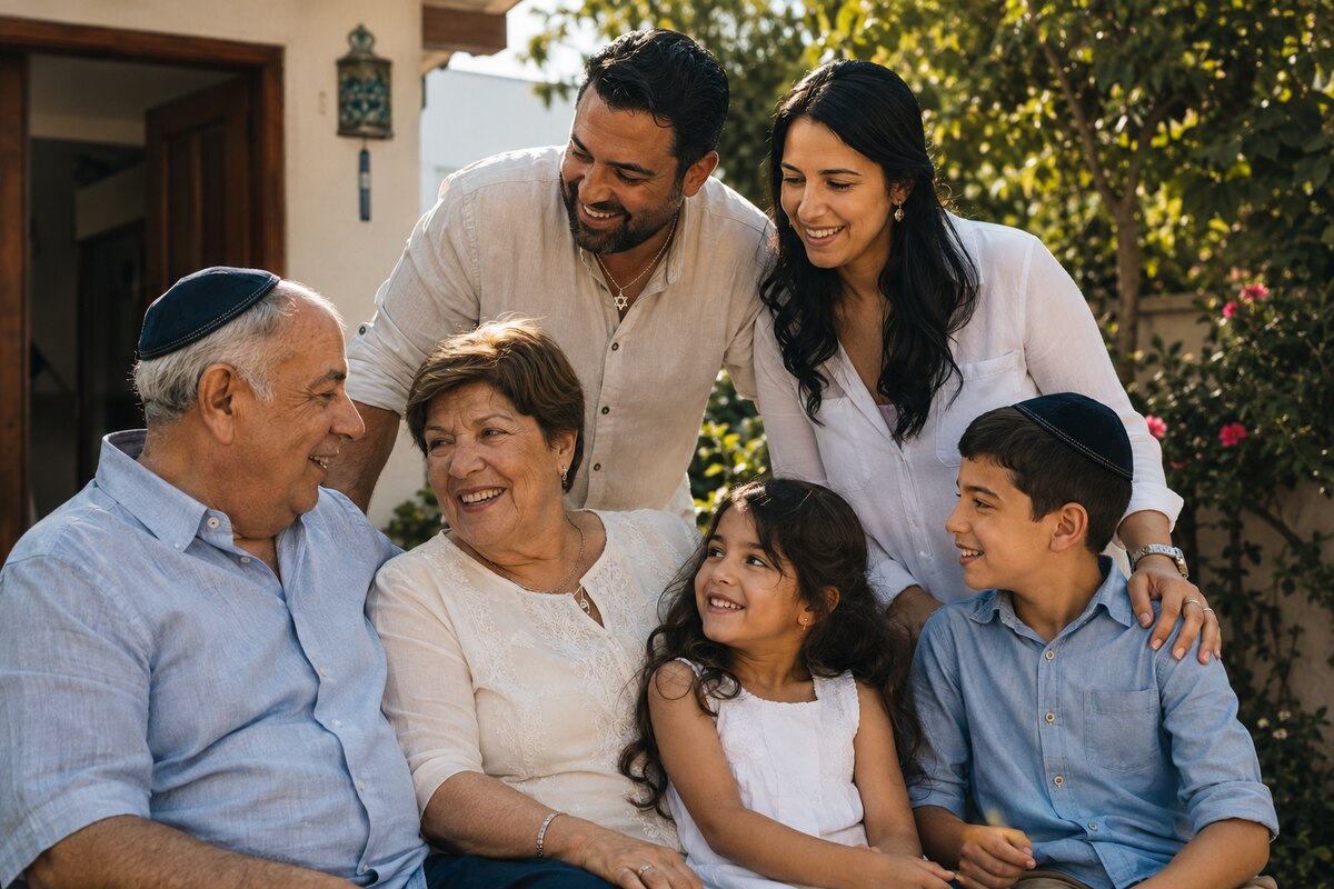 A multigenerational Sephardi Jewish family enjoying time together outdoors