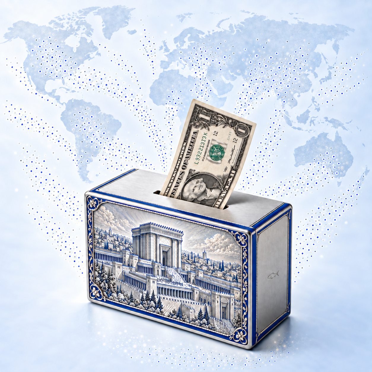 A fully visible silver Tzedakah box and one-dollar bill, with blue Jerusalem engraving, a discreet fish, and a subtle world map with tiny dots flowing toward the box, symbolizing people worldwide united in giving